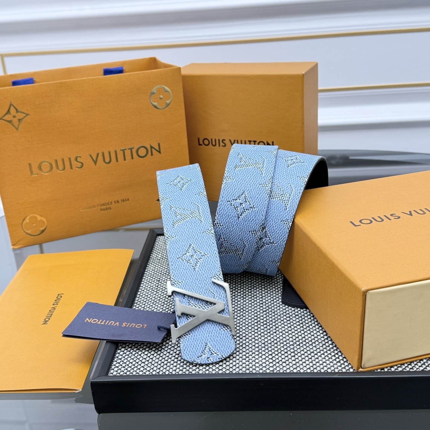 Louis Vuitton LV Initial 40mm Belt Light Blue Monogram Canvas