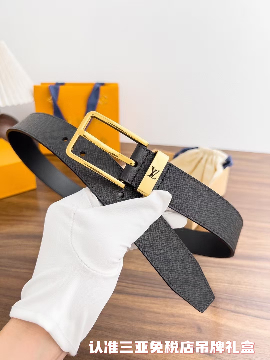 Louis Vuitton Men's Black Leather Belt with Gold Logo Buckle