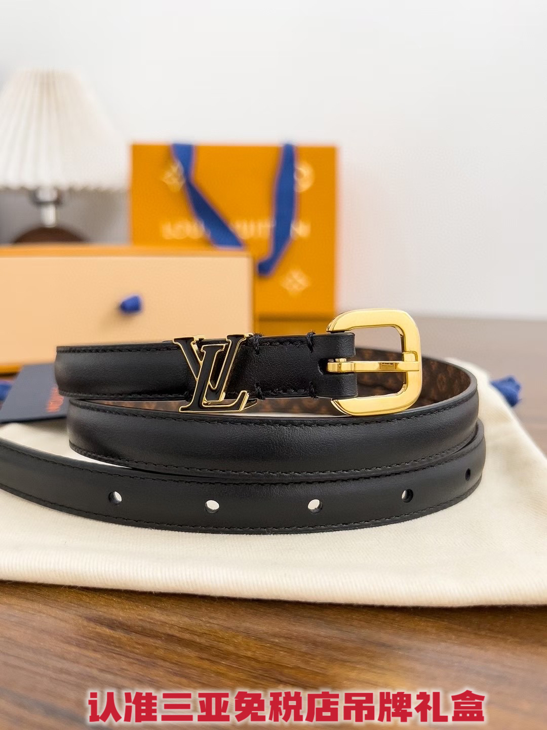 Louis Vuitton Slim Leather Belt for Women - Gold LV Initial Buckle