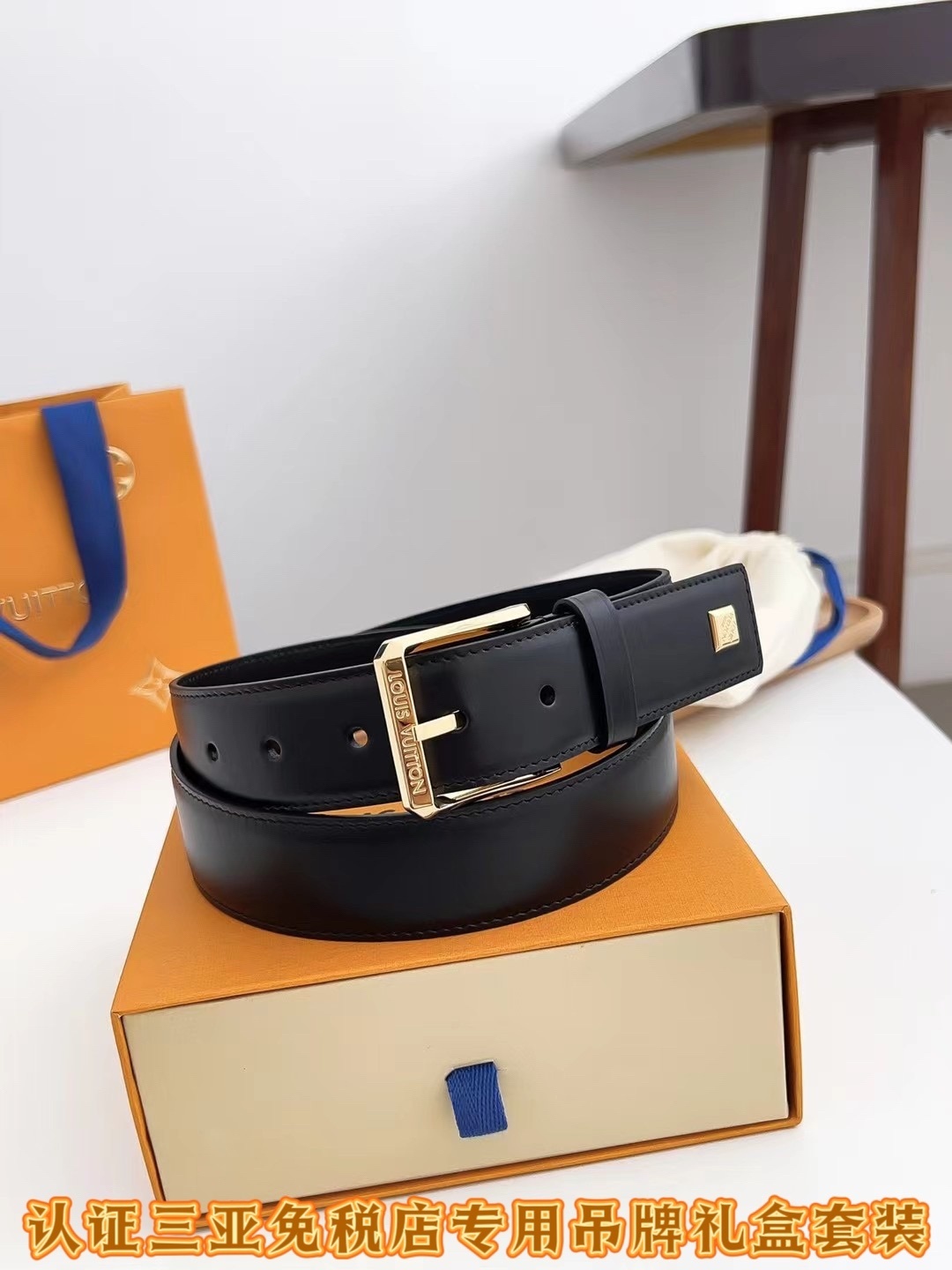 Luxury Men's 3.5cm Black Calfskin Leather Belt with Gold Buckle