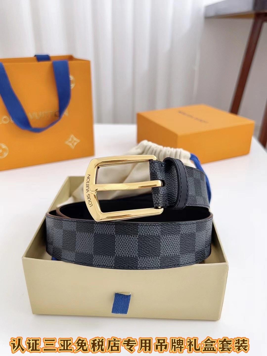Louis Vuitton Men's Damier Graphite Belt with Gold Buckle
