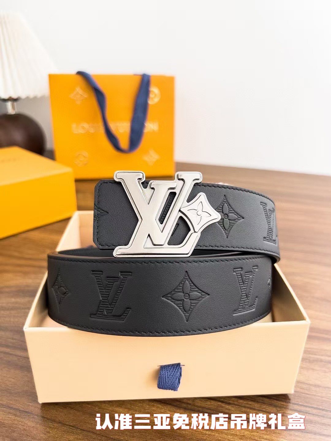 Luxury Men's Black Monogram Leather Belt with Gold Buckle