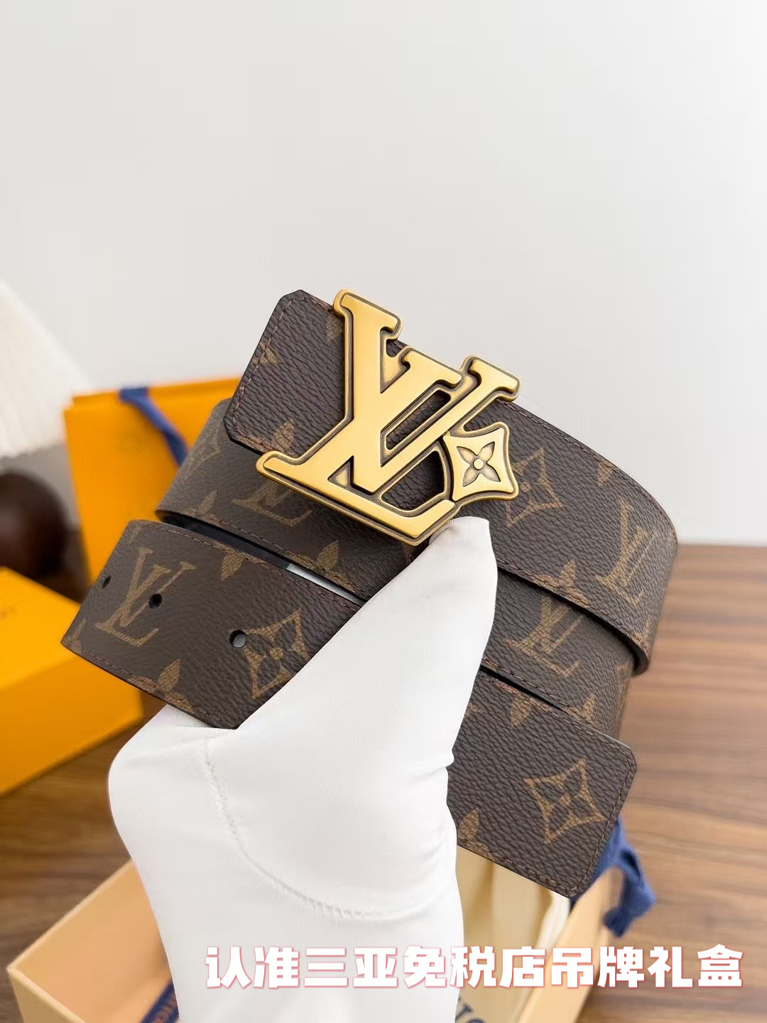 LV Monogram Canvas Belt with Gold-Tone Initials Flower Buckle