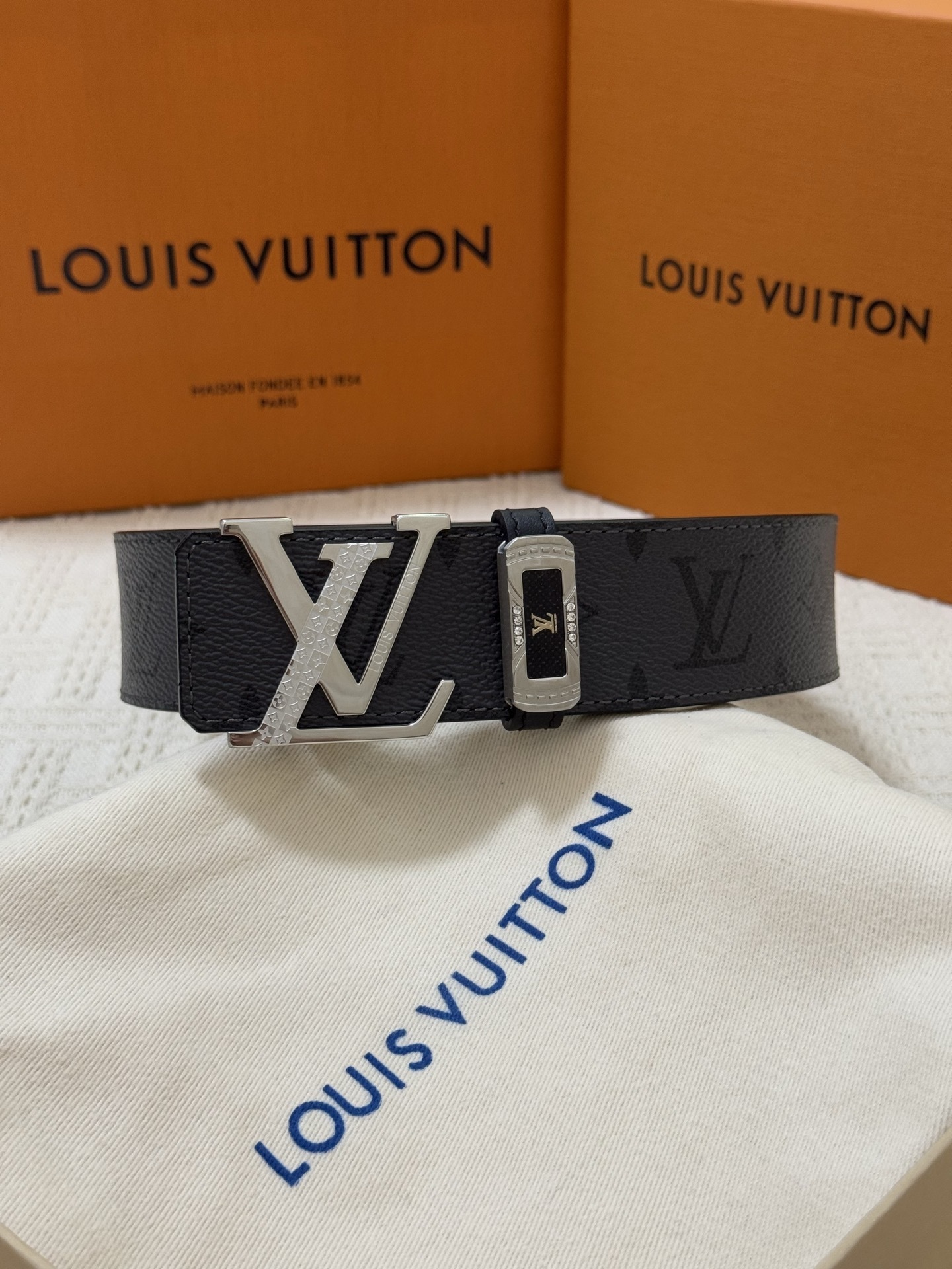 Louis Vuitton Men's Monogram Eclipse Belt with Silver LV Buckle