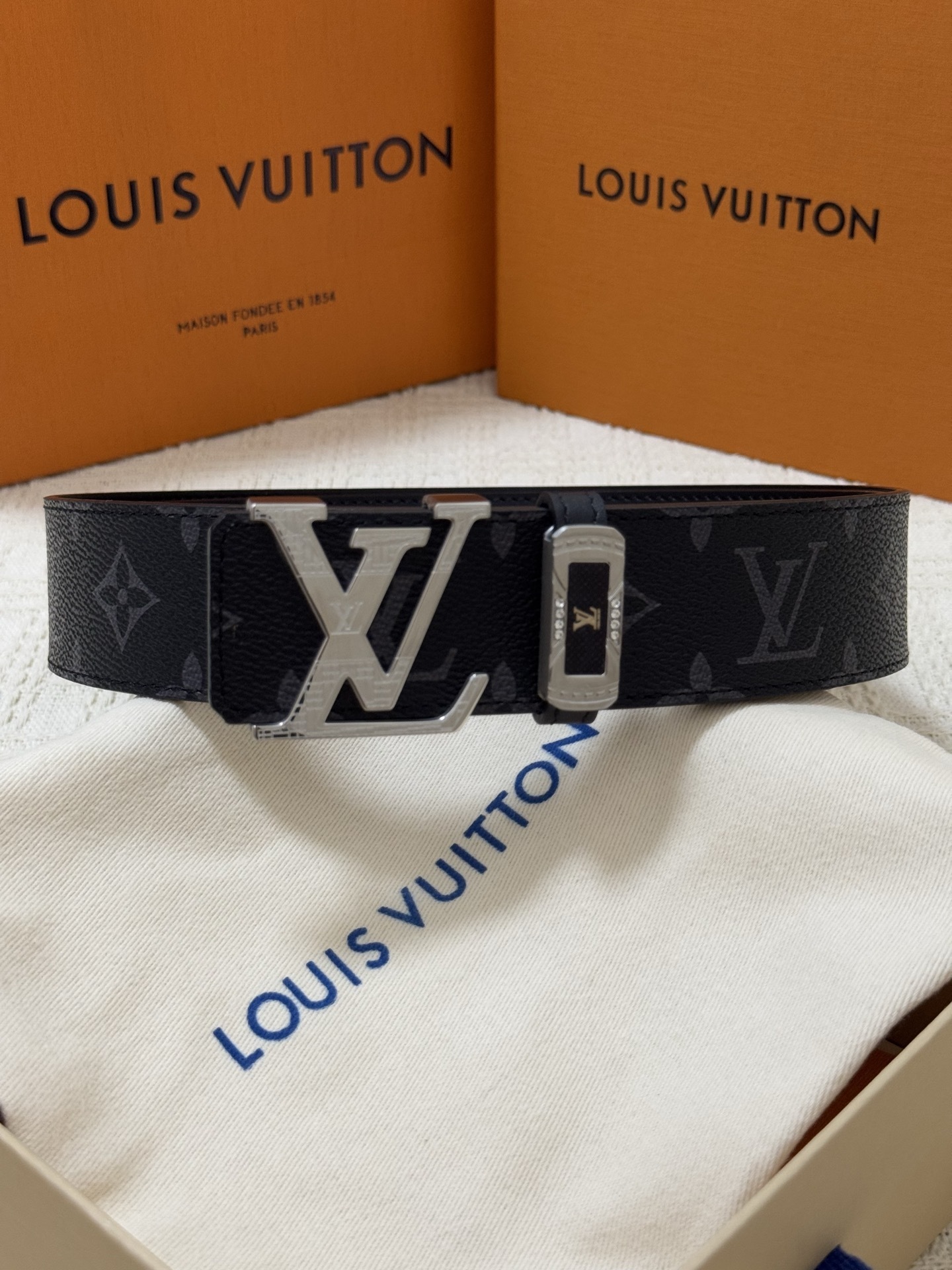 Louis Vuitton Monogram Eclipse Belt with Silver Engraved Buckle