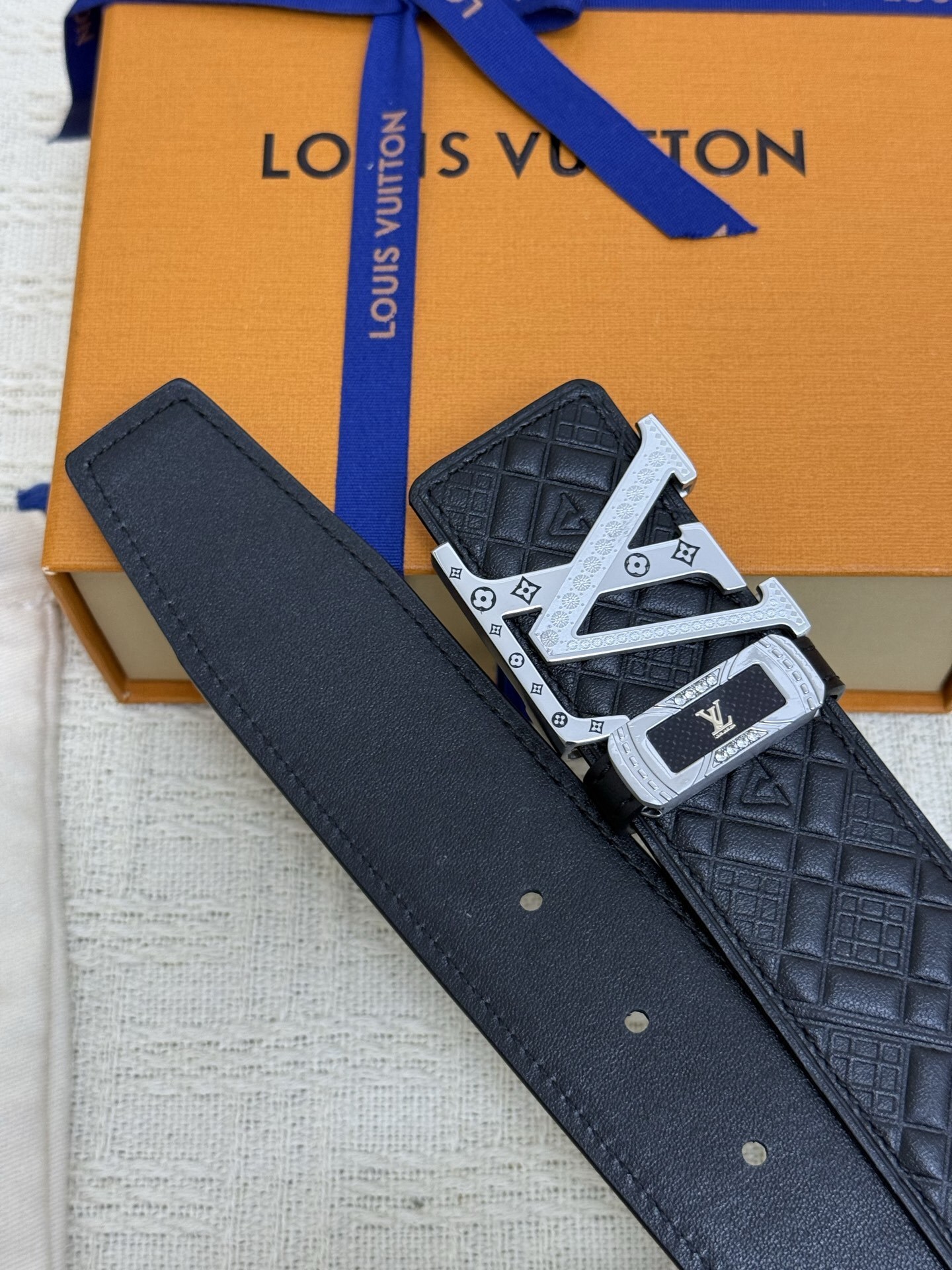 Louis Vuitton Black Quilted Leather Belt with Silver LV Buckle