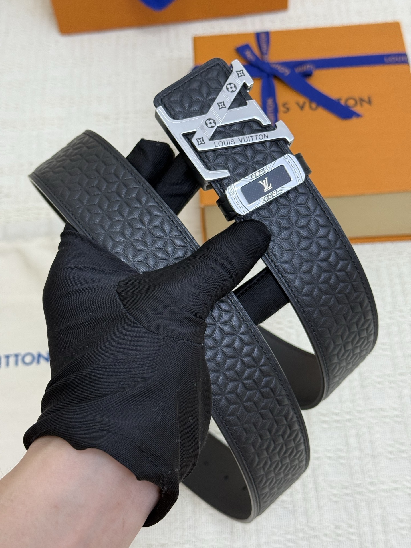 Louis Vuitton Men's Black Leather Belt with Silver LV Initial Buckle