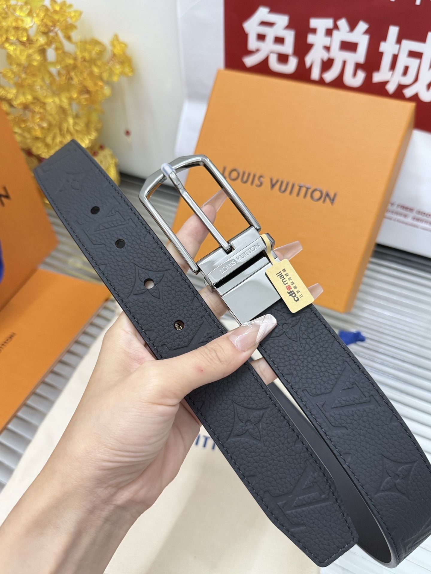 Louis Vuitton Black Monogram Shadow Leather Belt with Silver Buckle