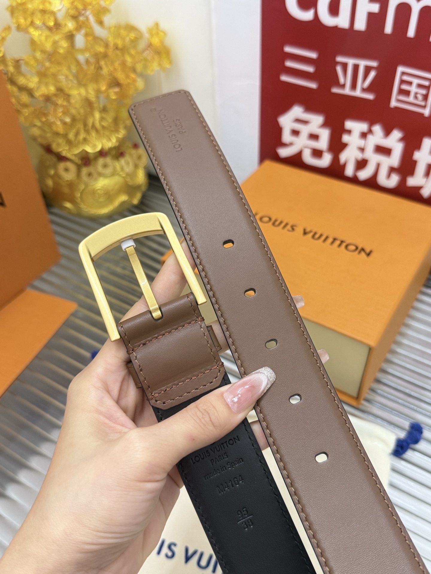 Louis Vuitton Men's Classic Brown Leather Belt with Gold Buckle