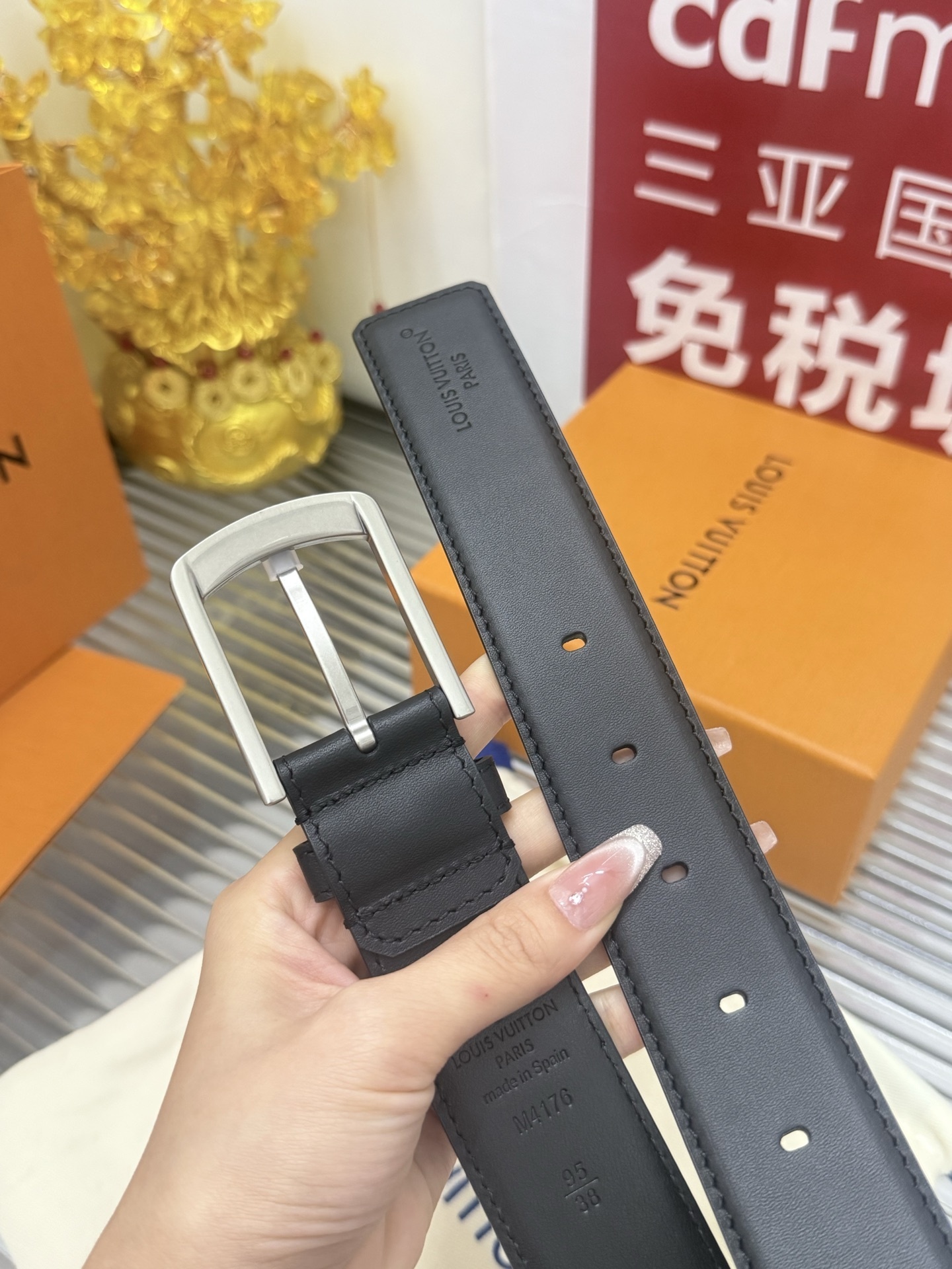 Louis Vuitton Men's Classic Black Leather Belt with Silver Buckle