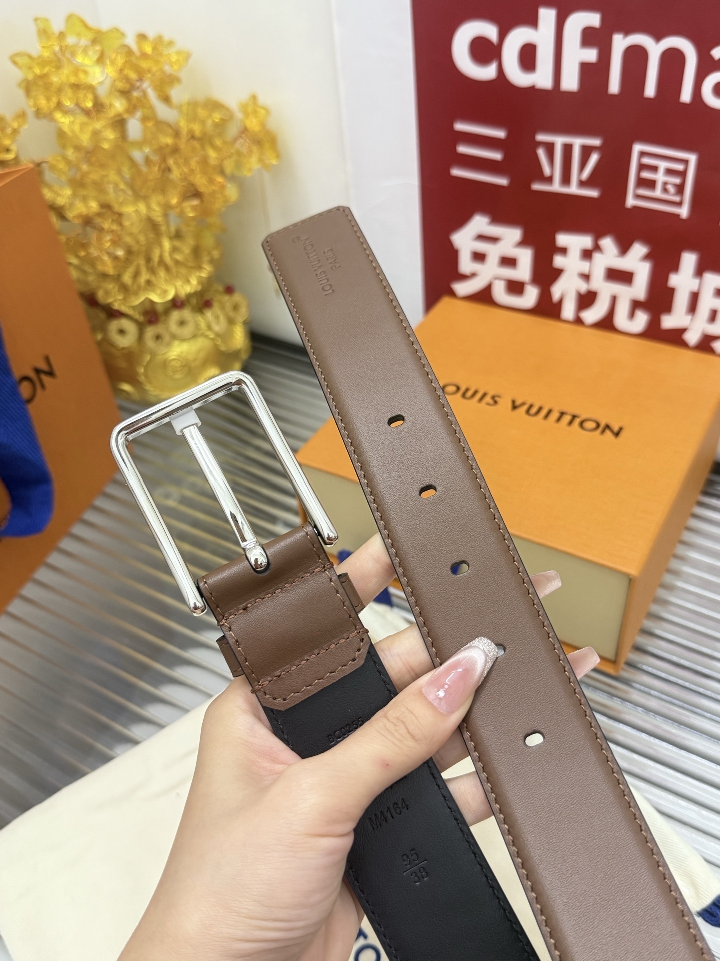 Louis Vuitton Men's Classic Brown Leather Belt with Silver Buckle