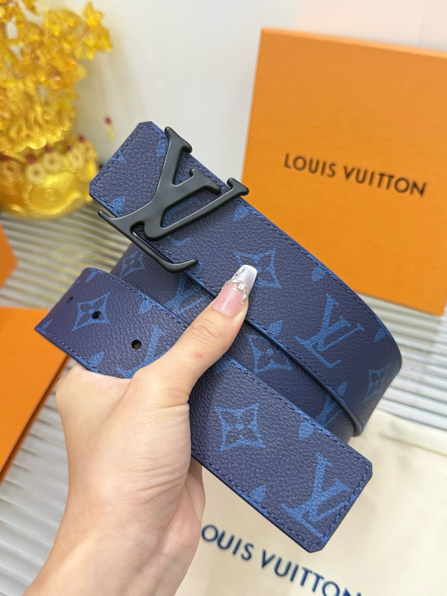 Louis Vuitton LV Initiales 40mm Blue Monogram Belt with Black Buckle
