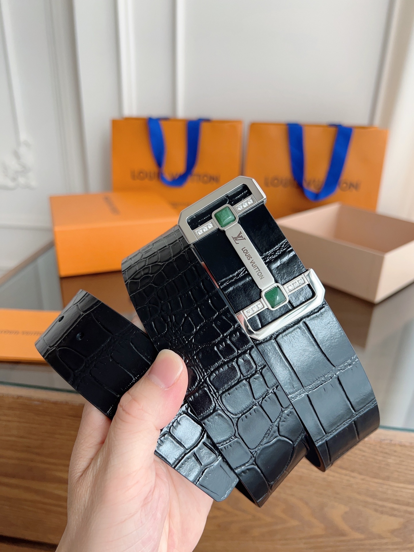 Louis Vuitton Black Crocodile Leather Belt with Green Stone Buckle