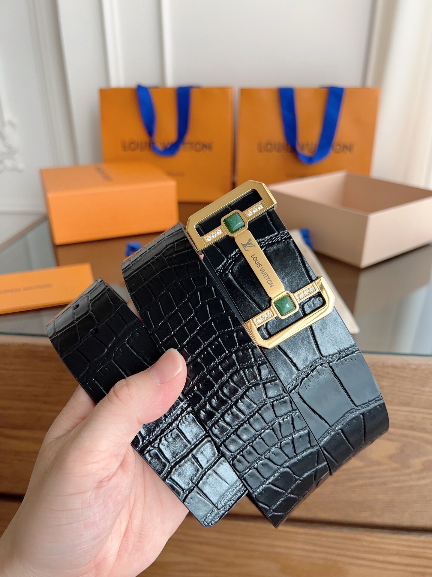 LV Black Croc-Embossed Leather Belt Gold Buckle with Green Stones