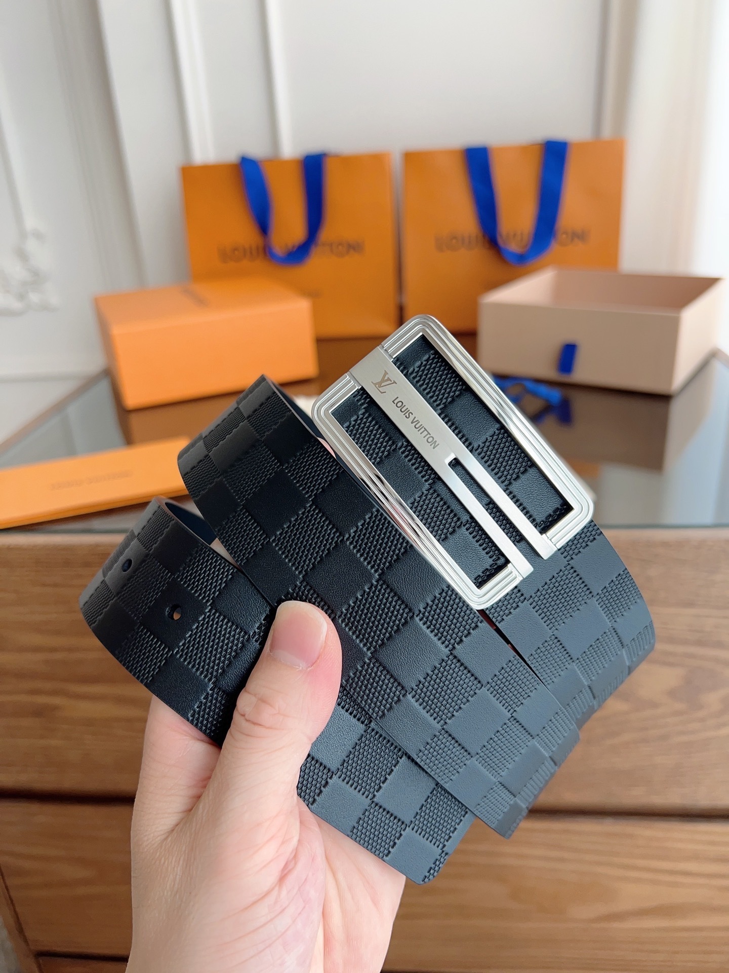 Louis Vuitton Men's Damier Pattern Black Leather Belt - Silver Buckle