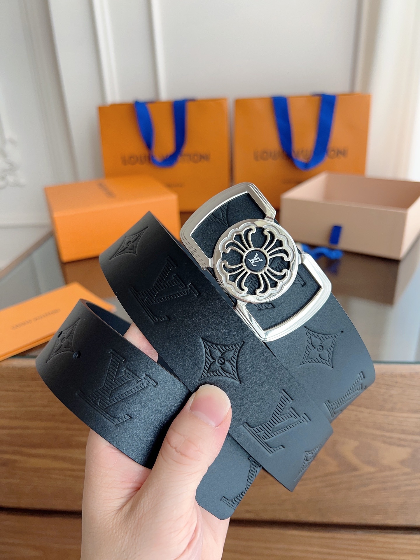 Louis Vuitton Black Monogram Leather Belt with Ornate Silver Buckle