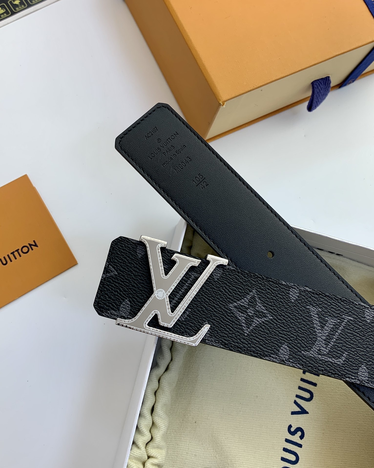 Louis Vuitton Men's Monogram Eclipse Belt with Silver LV Buckle