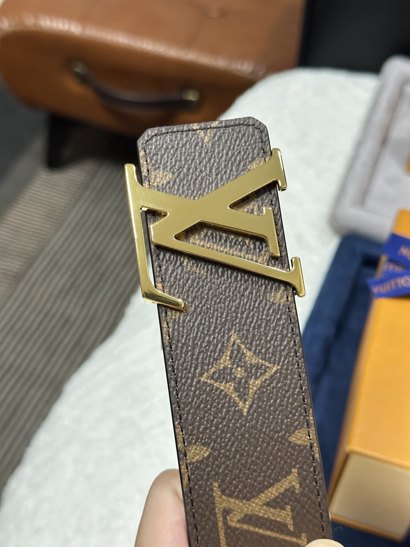 Louis Vuitton Monogram Canvas Belt with Gold LV Initial Buckle