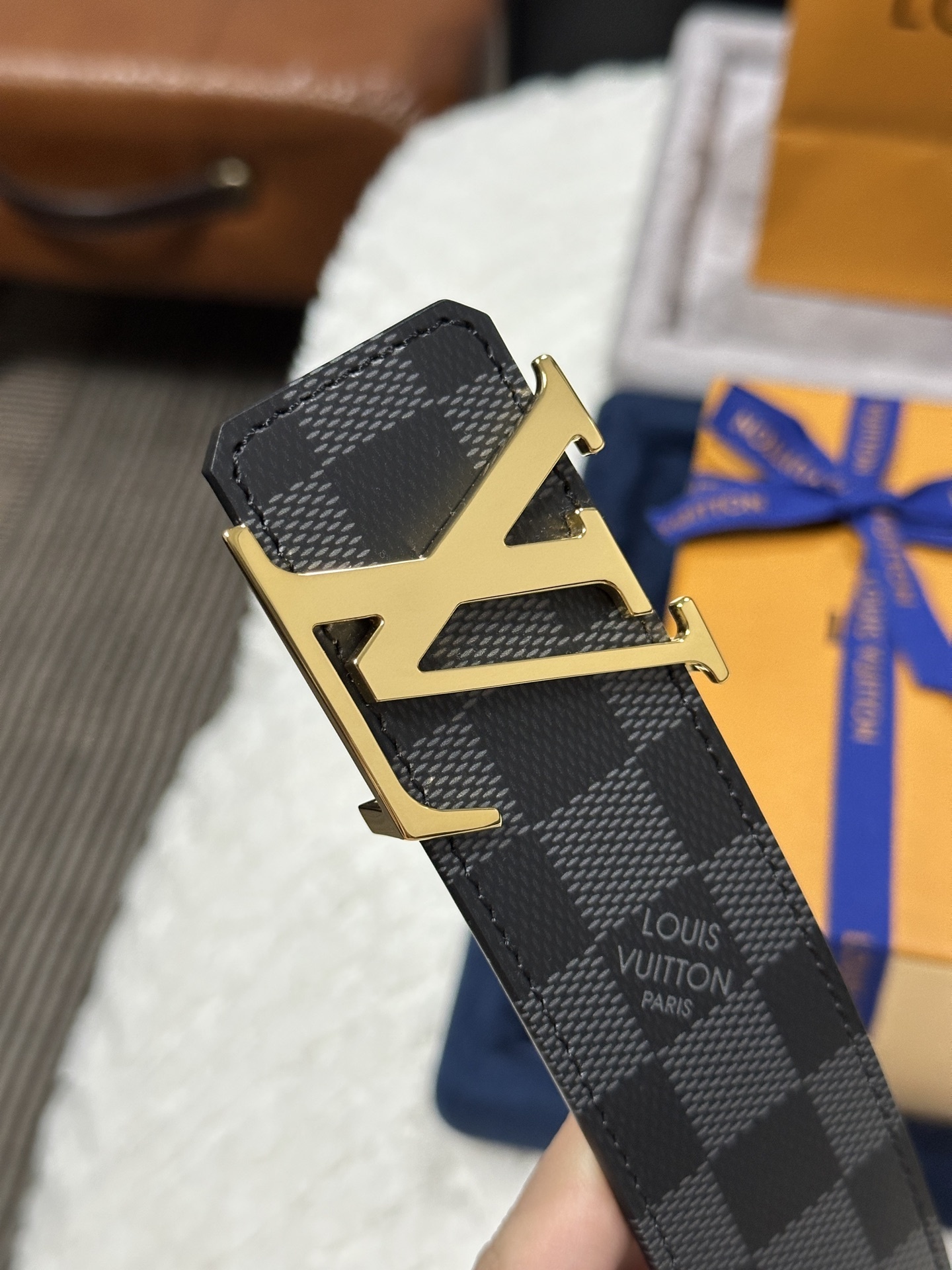 Louis Vuitton Damier Graphite Belt with Gold LV Initiales Buckle