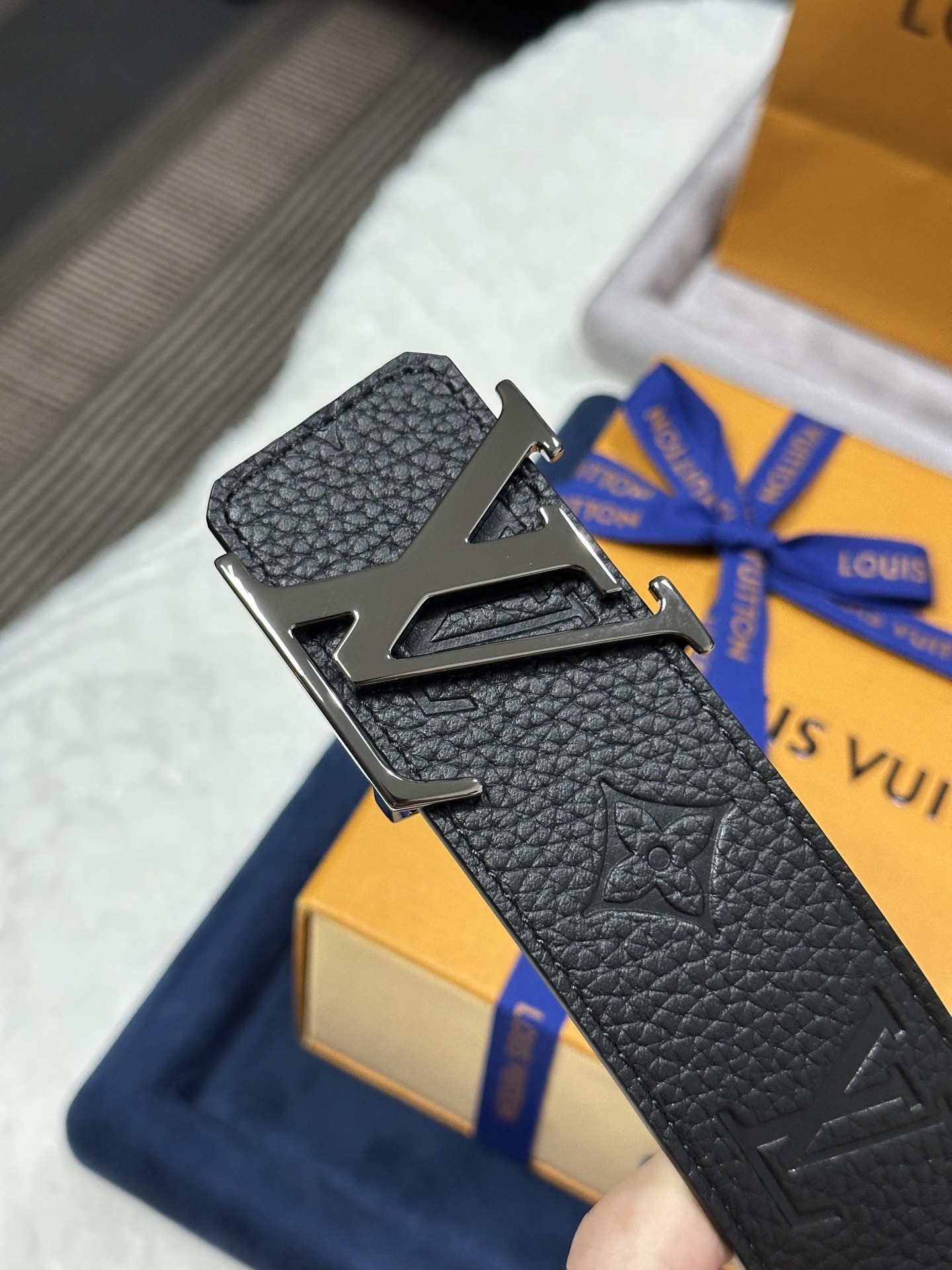 Louis Vuitton Men's Black Monogram Leather Belt with Silver LV Buckle