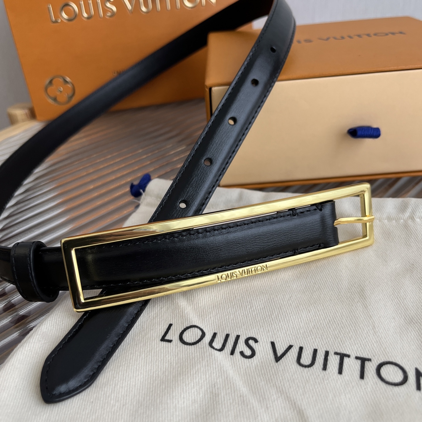 Louis Vuitton Women's Black Leather Thin Belt with Gold Buckle