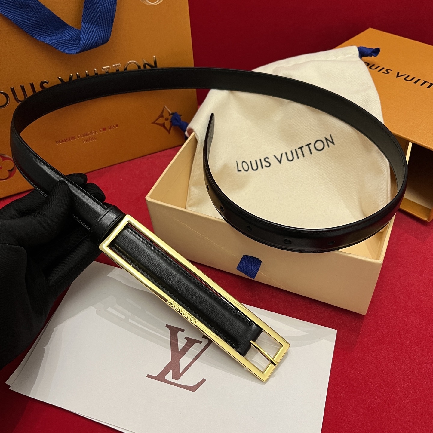 Louis Vuitton Women's Black Leather Belt with Gold Frame Buckle