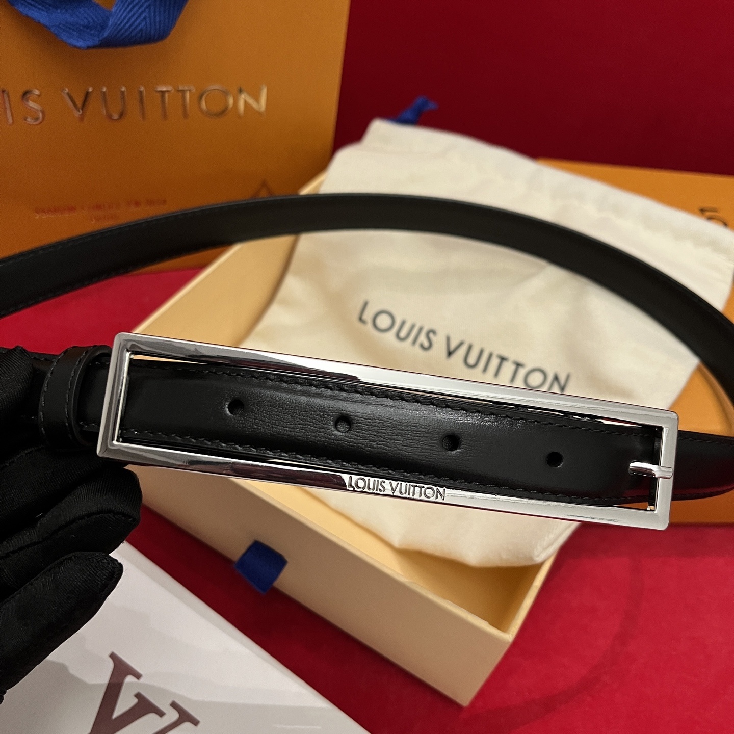 Louis Vuitton Slim Black Leather Belt with Silver Rectangular Buckle