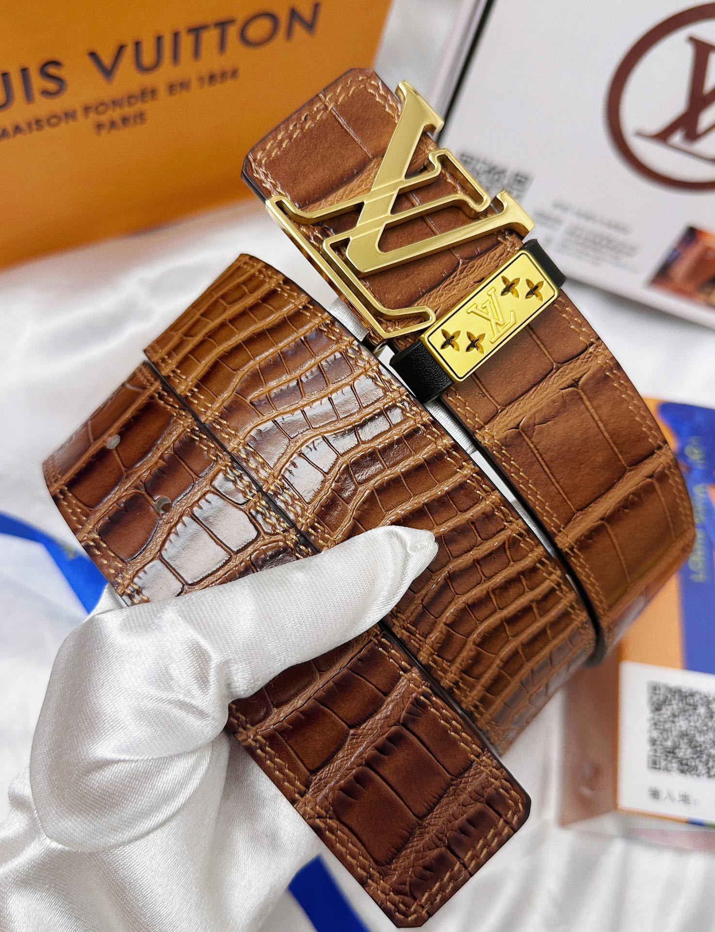 Louis Vuitton Men's Brown Crocodile Leather Belt with Gold Buckle
