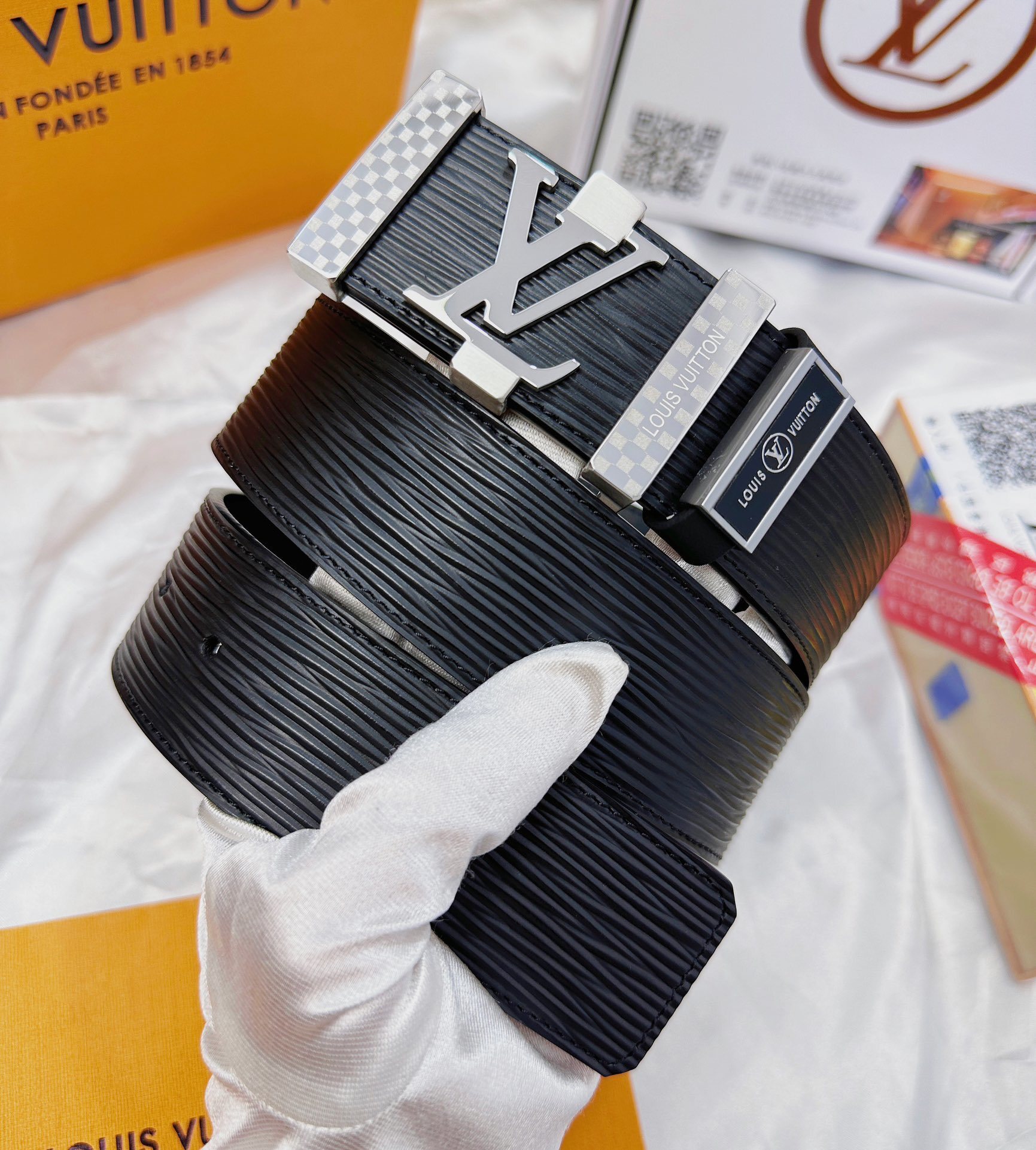 Louis Vuitton Black Epi Leather Belt with Silver LV Initial Buckle