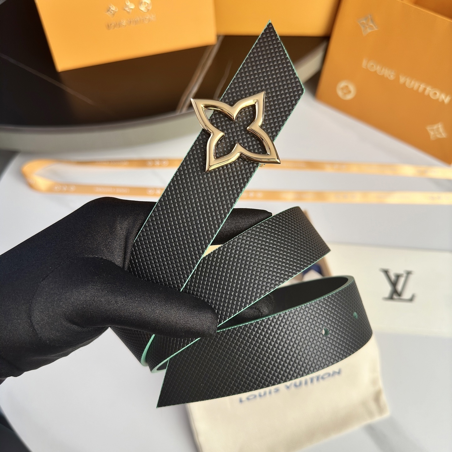 Louis Vuitton Black Leather Belt with Gold Monogram Flower Buckle