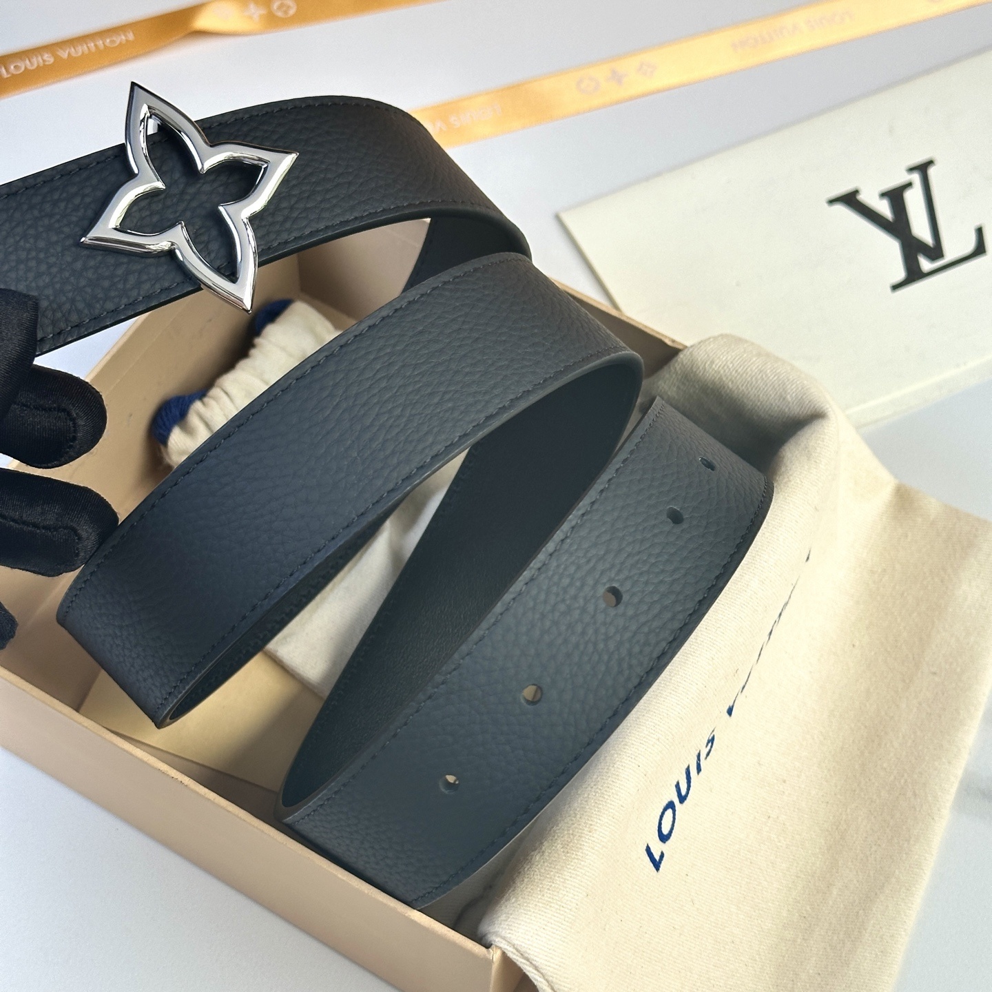 Louis Vuitton Black Leather Belt with Silver Monogram Flower Buckle