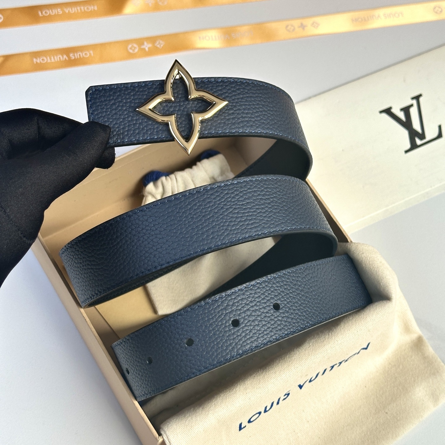 Louis Vuitton Navy Blue Grained Leather Belt with Gold Flower Buckle