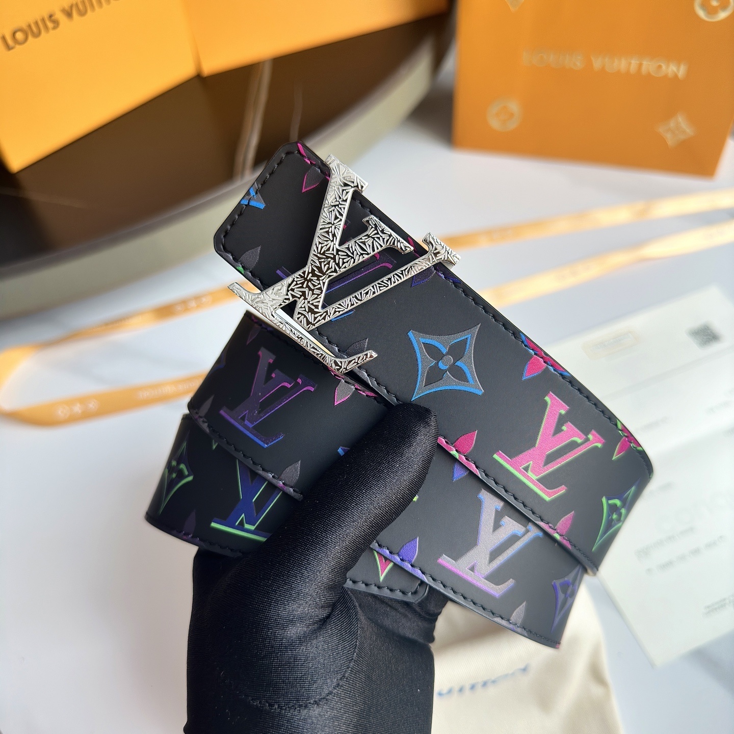 Louis Vuitton Multicolor Monogram Belt with Engraved Silver LV Buckle