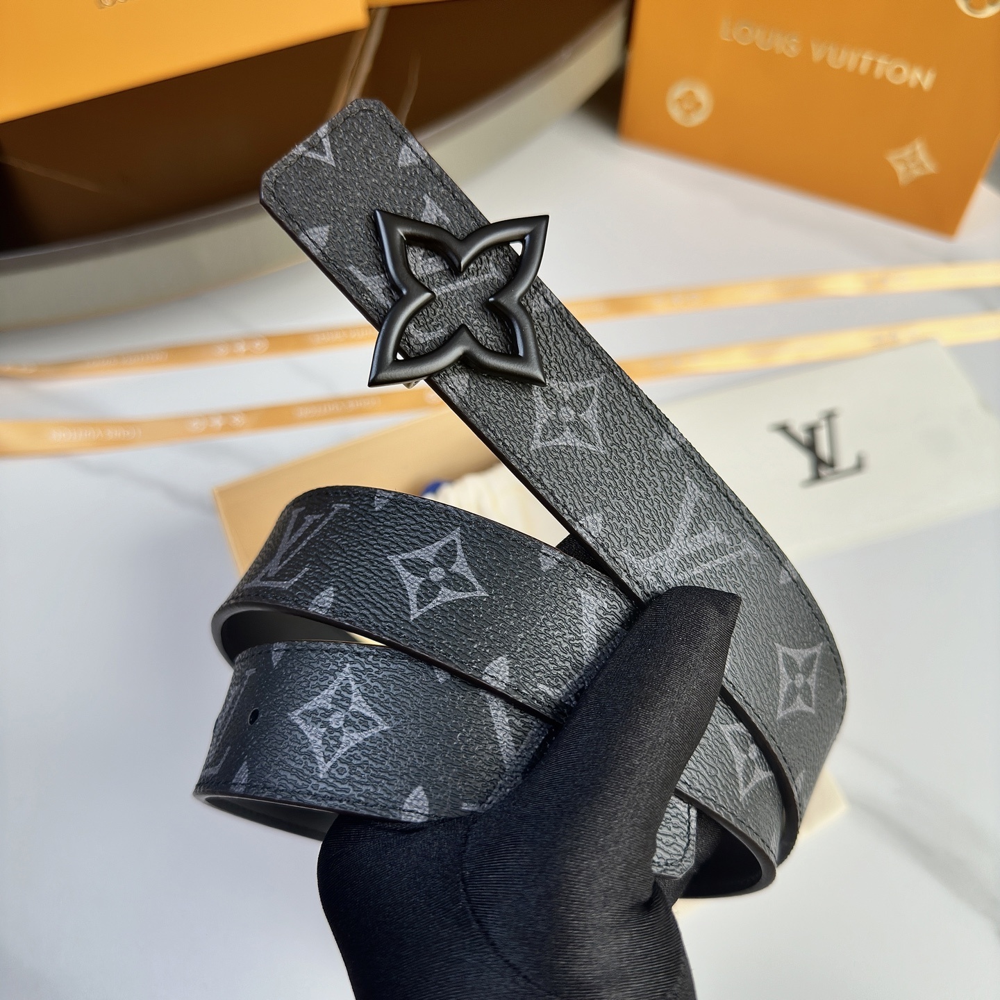 Louis Vuitton Monogram Eclipse Belt with Matte Black Flower Buckle