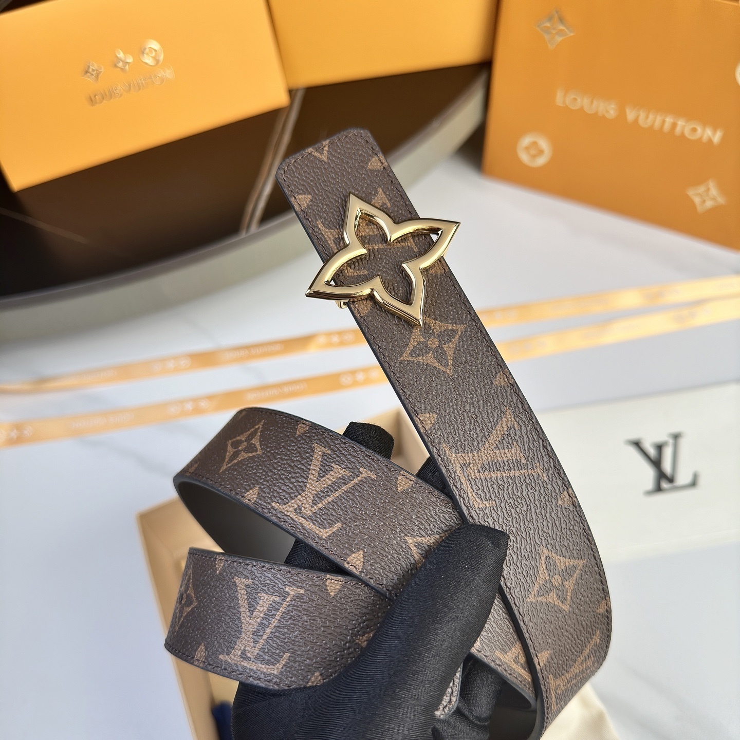 Louis Vuitton Monogram Canvas Belt with Gold Flower Buckle