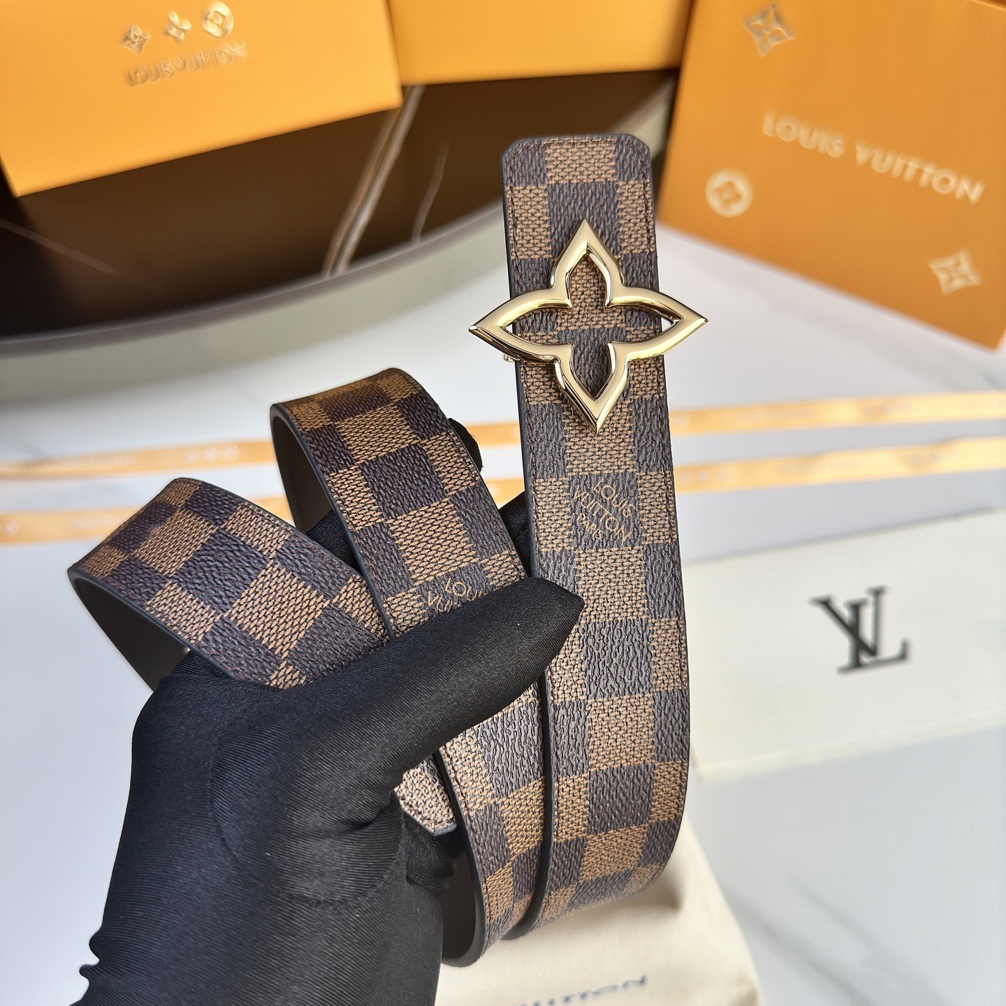 Louis Vuitton Damier Ebene Belt with Gold Flower Buckle