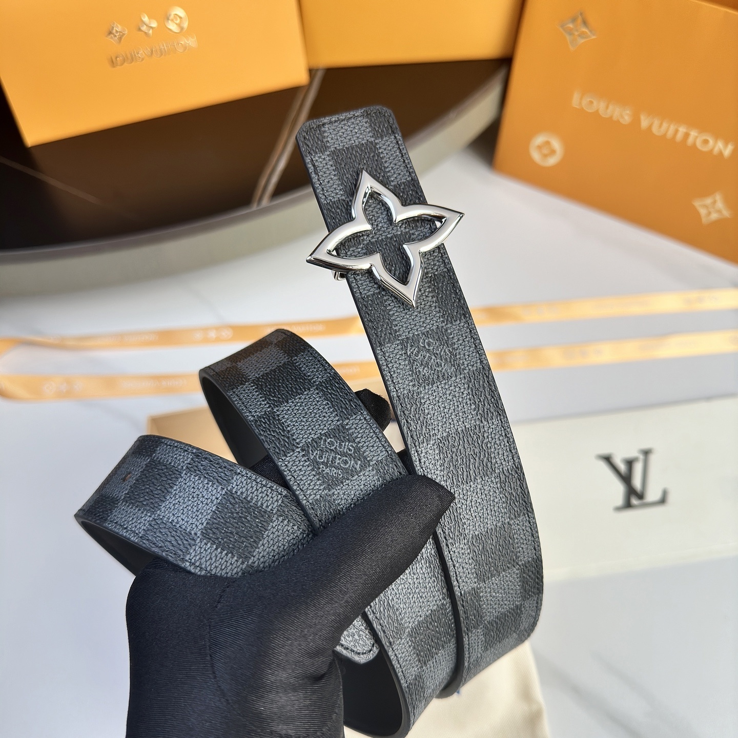 Louis Vuitton Damier Graphite Belt with Silver Monogram Flower Buckle