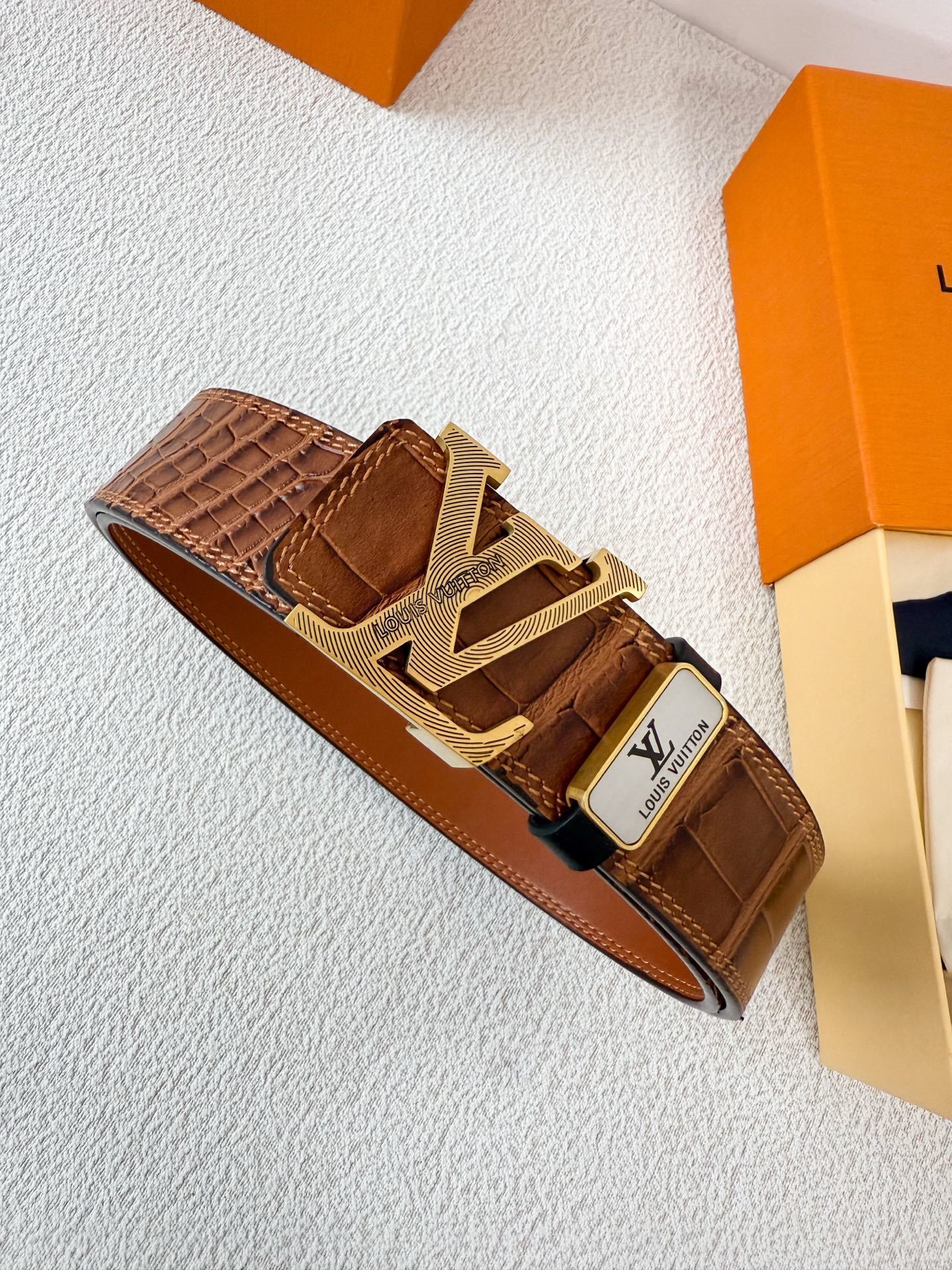 Louis Vuitton Men's Brown Crocodile Leather Belt - Gold LV Buckle