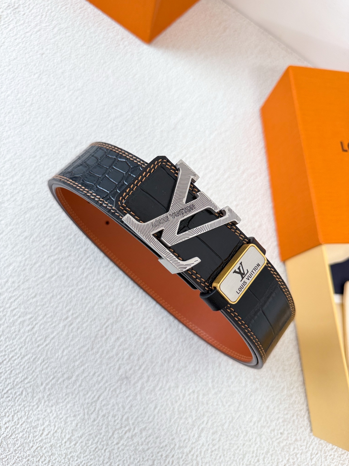 Louis Vuitton Men's Crocodile Leather Belt with Silver LV Buckle