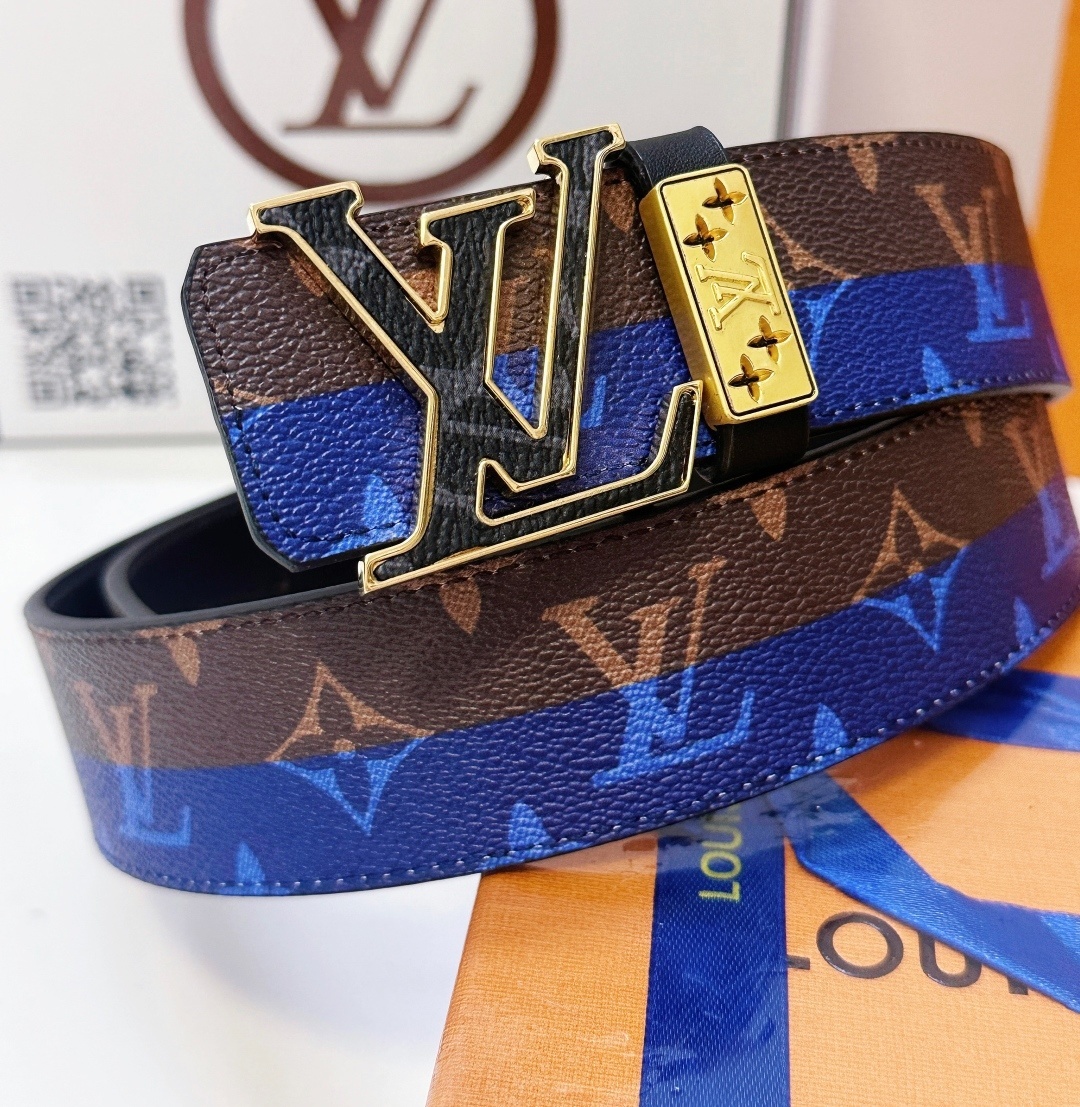 LV Monogram Belt with Blue Stripe & Gold Initiales Buckle