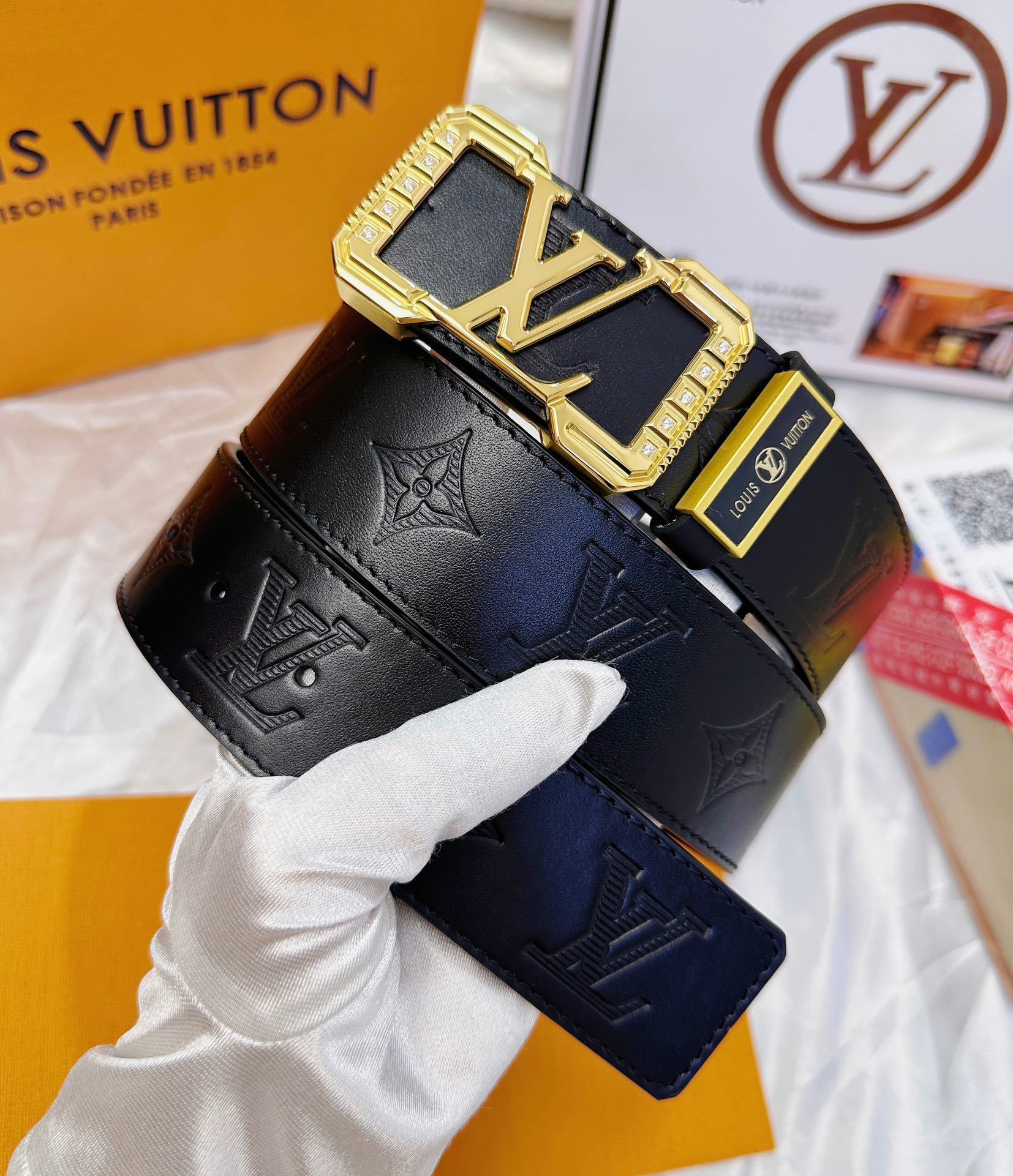 Louis Vuitton Monogram Black Leather Belt - Gold Crystal LV Buckle