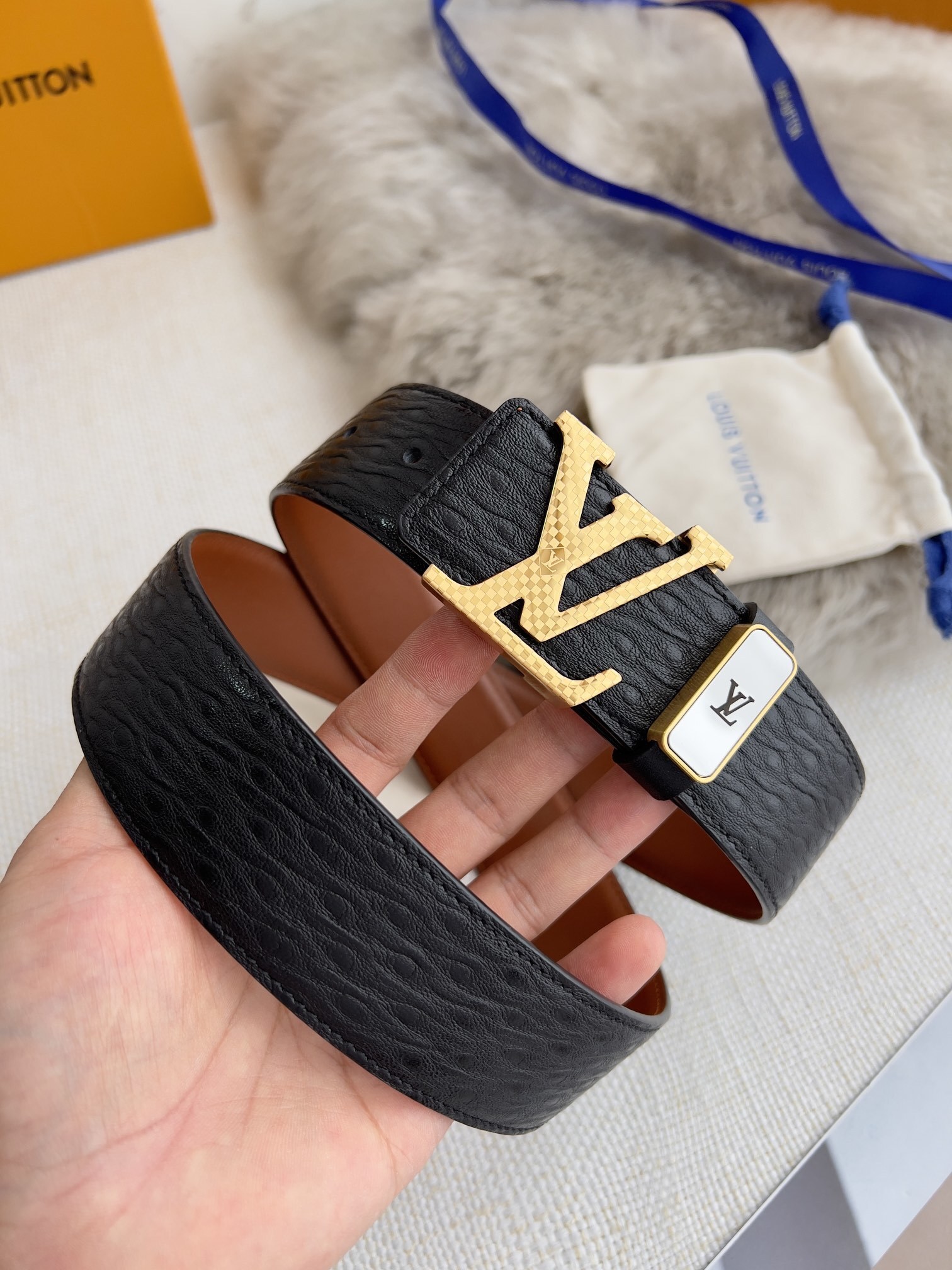 Louis Vuitton Men's Black Textured Leather Belt with Damier LV Buckle