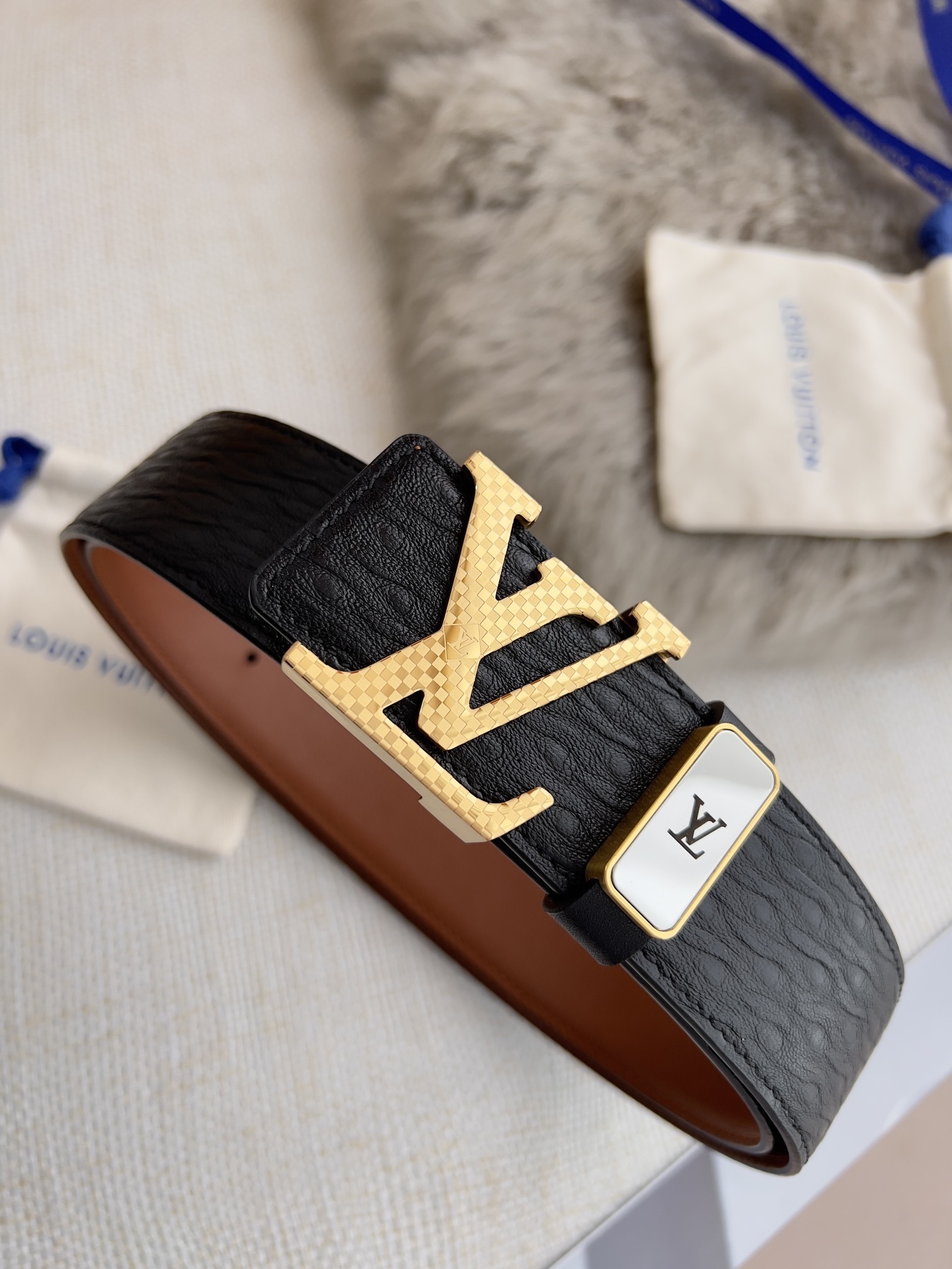 LV Men's Black Textured Leather Belt with Gold Initiales Buckle