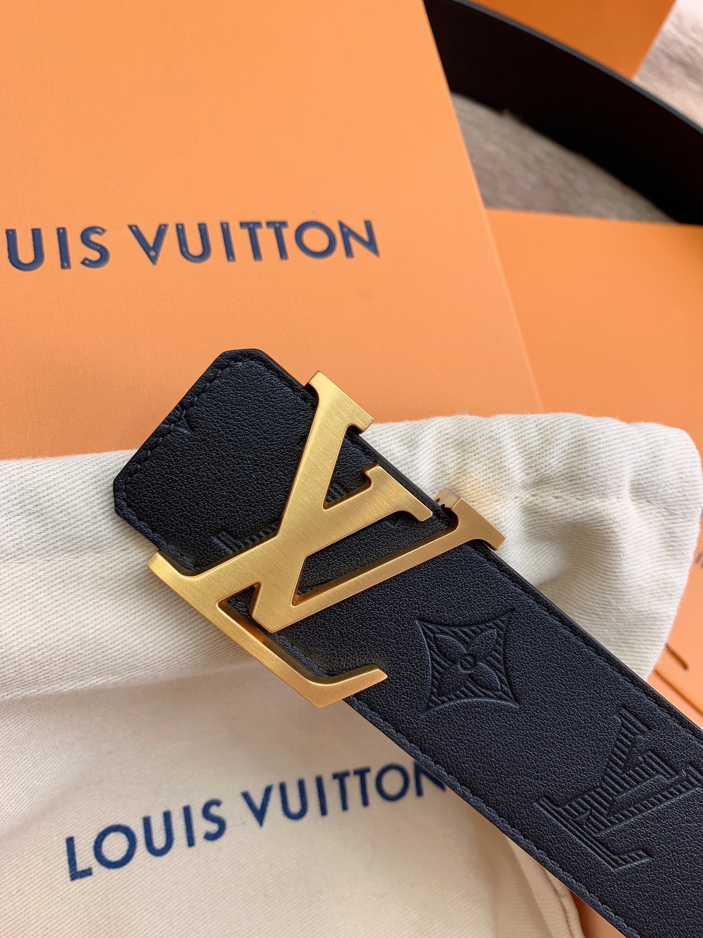 Louis Vuitton Initials Black Monogram Embossed Leather Belt Gold