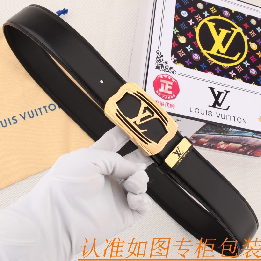Louis Vuitton Men's Black Leather Belt with Gold LV Buckle