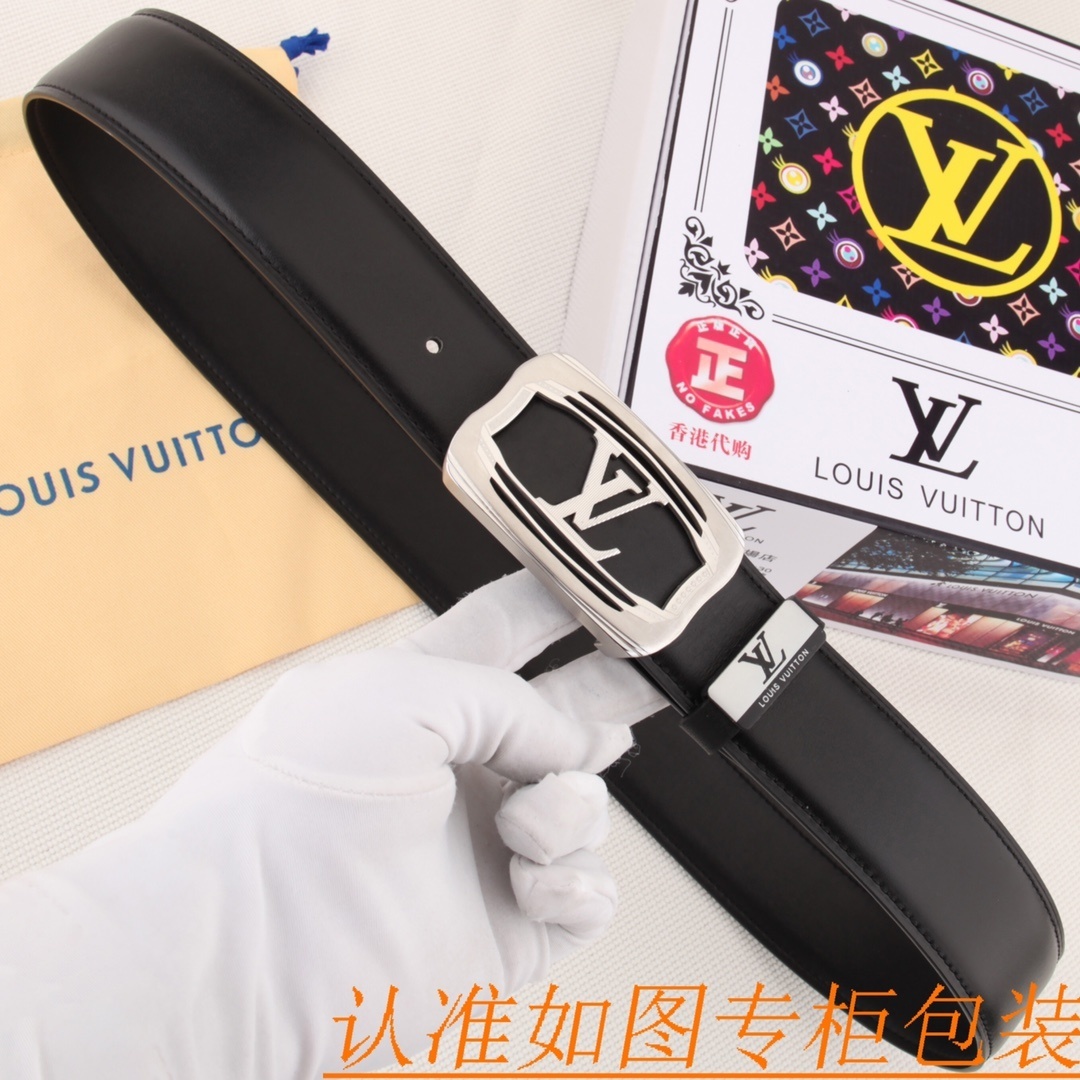 Louis Vuitton Men's Black Leather Belt with Silver LV Logo Buckle