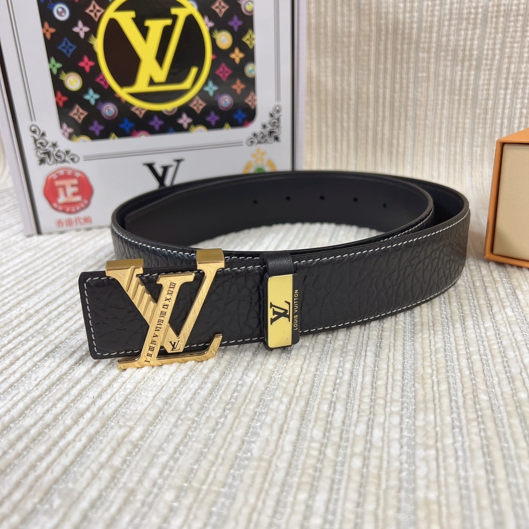 LV Men's Pebbled Leather Belt with Initial Buckle - Gold & Silver