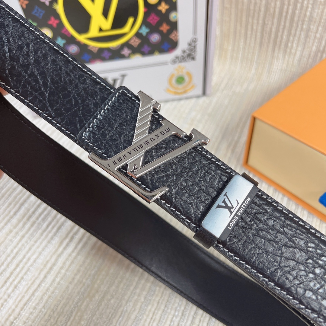 Louis Vuitton Men's Black Textured Leather Belt with Silver LV Buckle