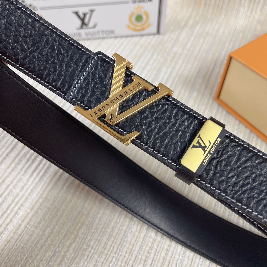 Louis Vuitton Men's Black Pebbled Leather Belt - Gold LV Buckle