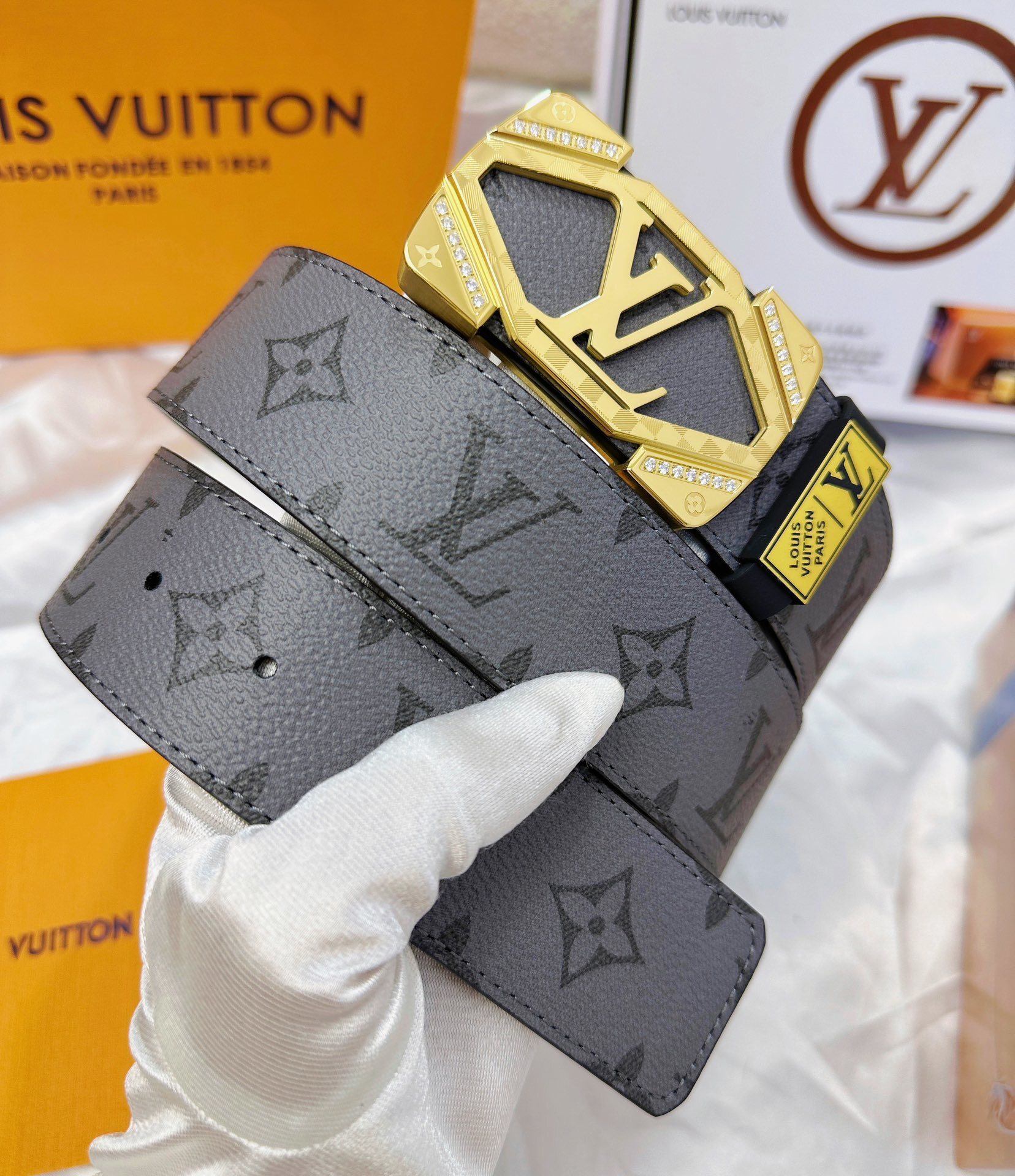 Louis Vuitton Monogram Eclipse Gold Crystal Buckle Belt